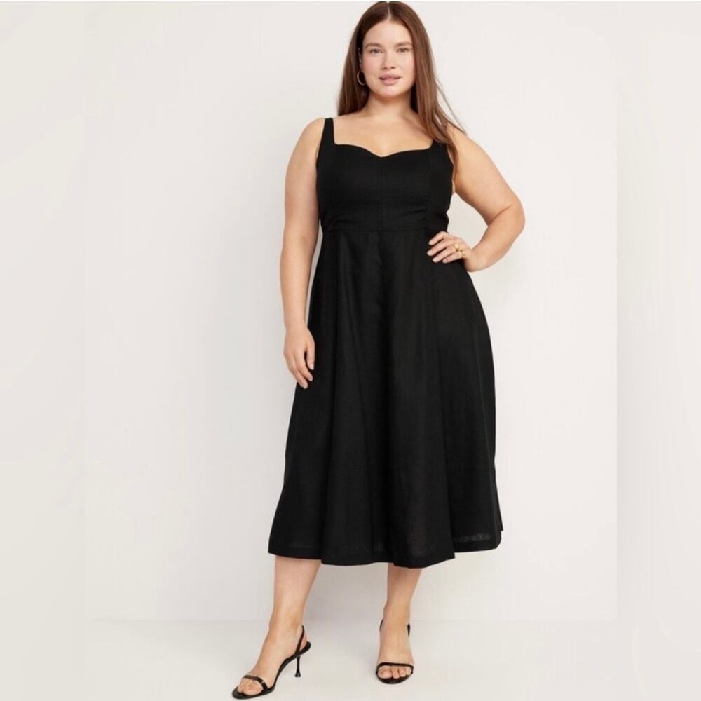 Old Navy Fit & Flare Linen Blend Midi Dress Sleeveless Large Black Minimalist